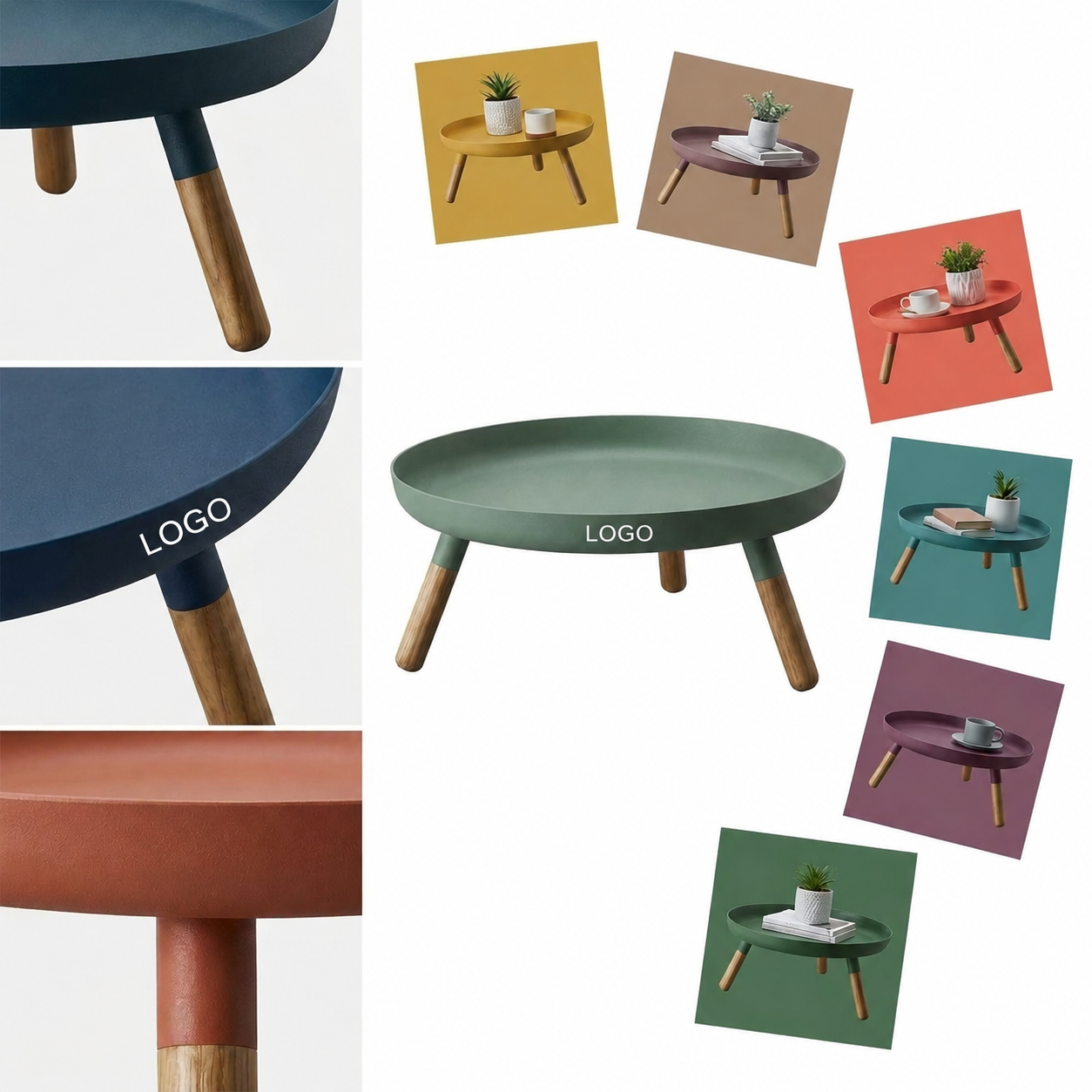 Nordic Style Low Accent Table with Protective Tray Rim and Natural Wood Supports
