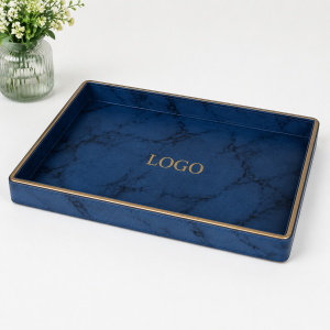 Faux Leather Marble Pattern Rectangular Tray with Metallic Trim