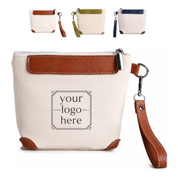 Mini Canvas Zipper Pouch With Detachable Polyurethane Leather Wrist Strap