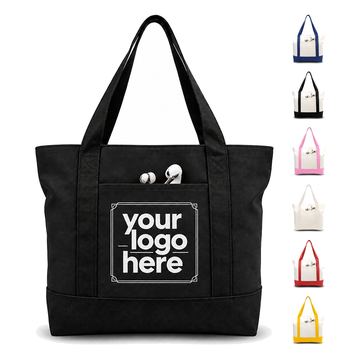 Large Cotton Canvas Shoulder Bag With Zipper