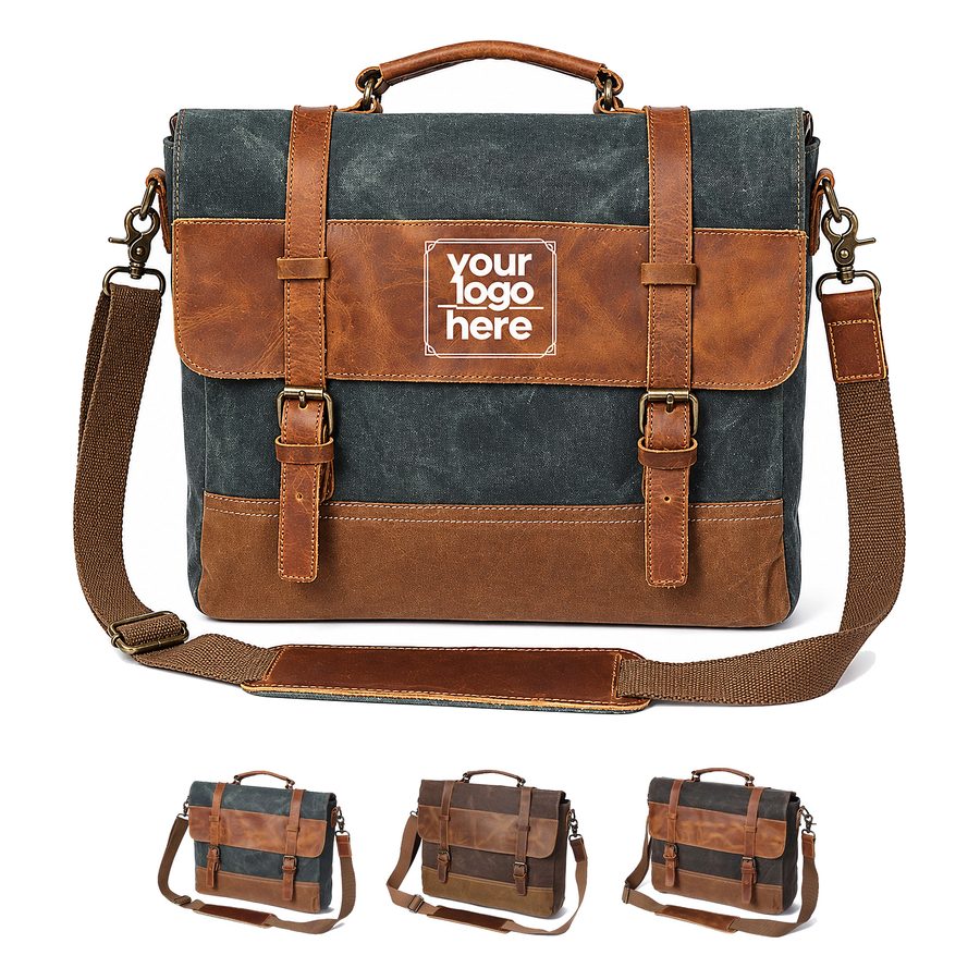 Waxed Canvas Laptop Messenger Bag With Leather Panels