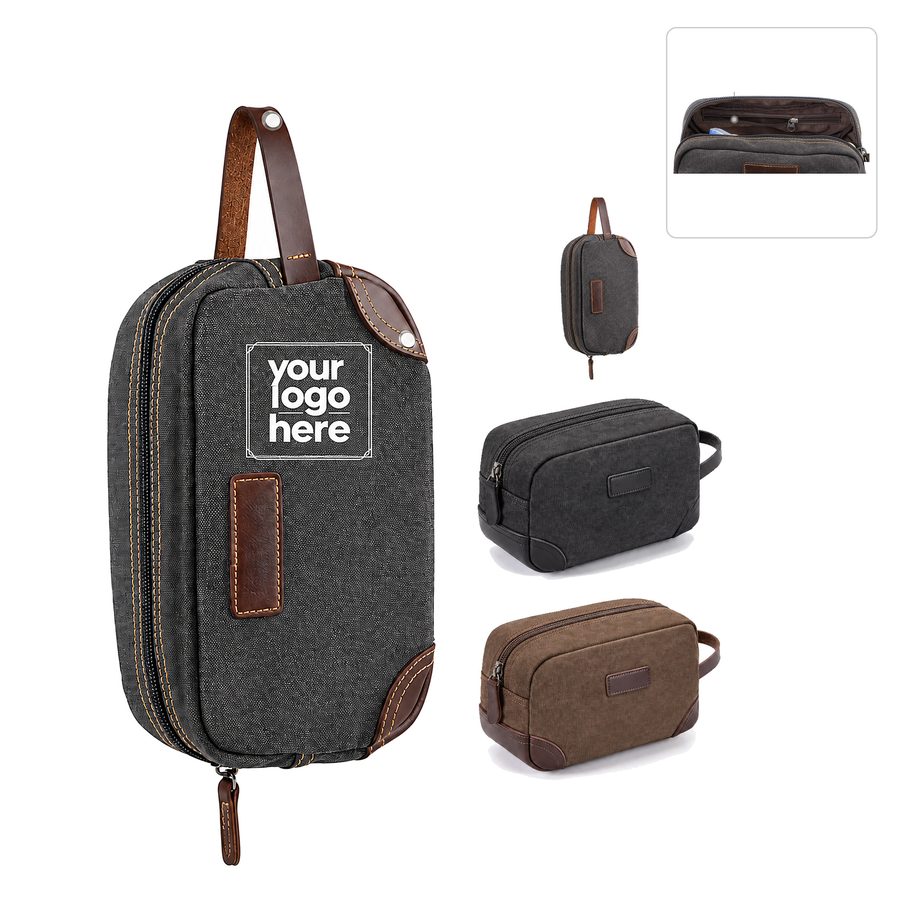 Canvas Toiletry Bag With Polyurethane Leather Panels