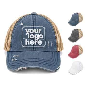 Distressed Cotton Ponytail Trucker Cap
