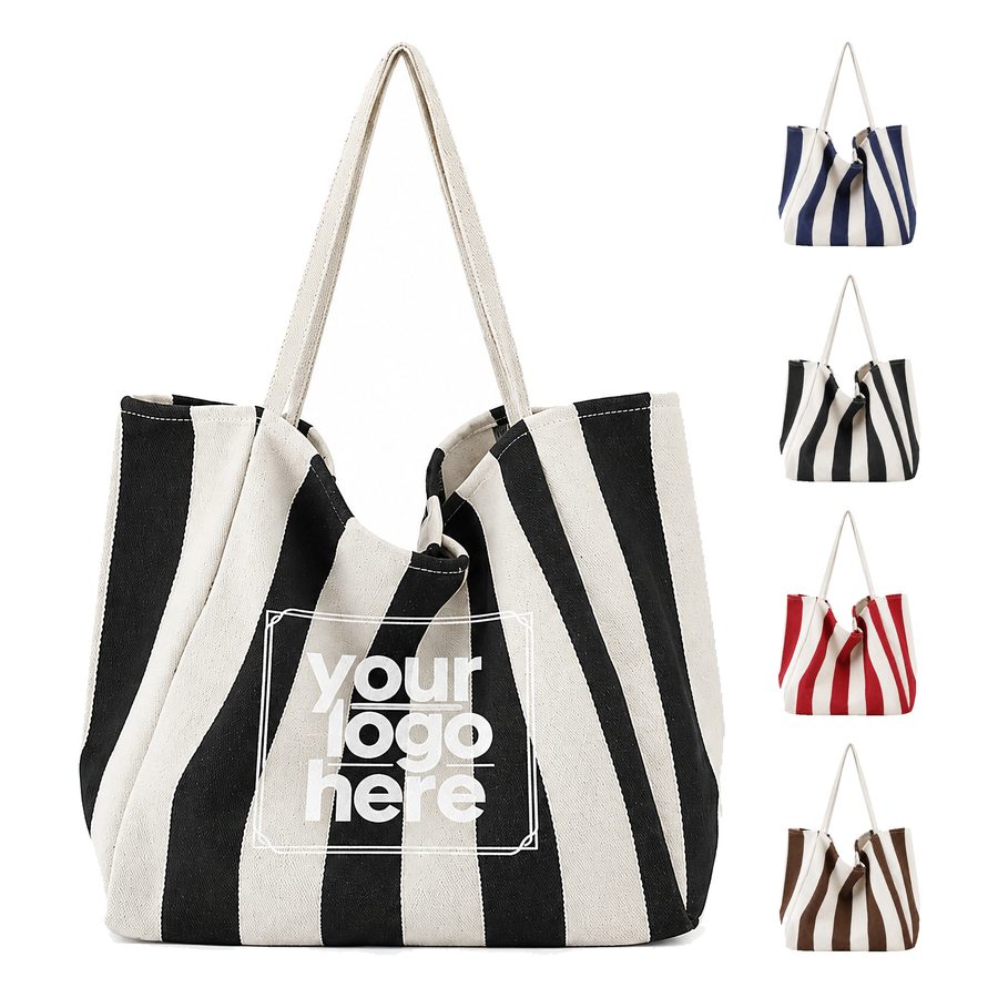 Striped Canvas Tote Bag With Gusseted Base