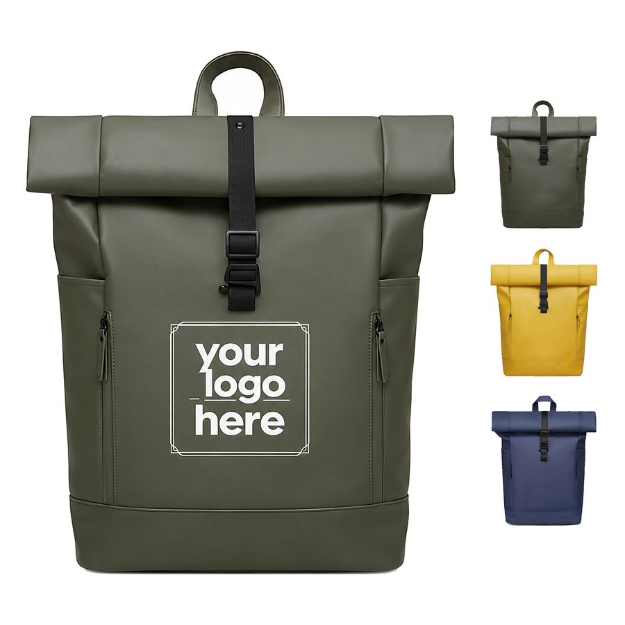 Laptop Backpack With Buckle-Secured Roll-Top Opening