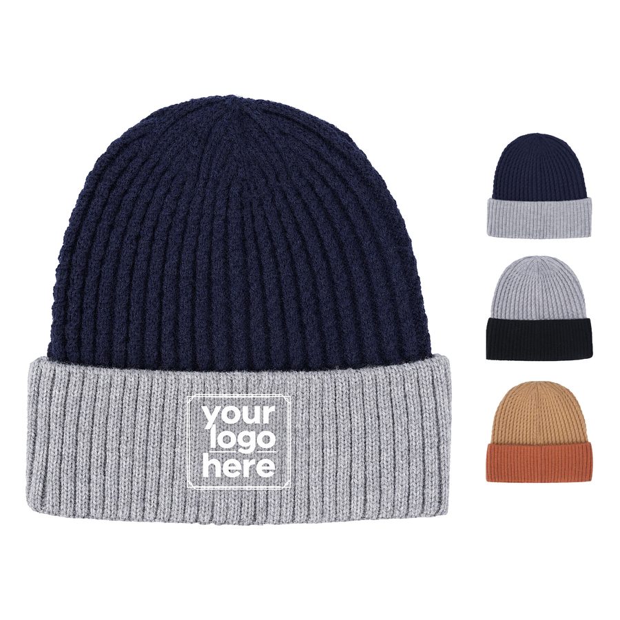 Two-Tone Beanie With A Textured Crown And Ribbed Cuff