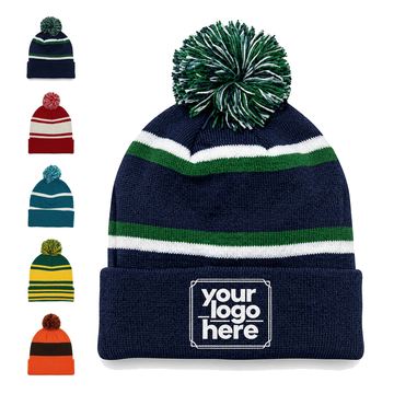 Striped Acrylic Beanie With Fold-Over Cuff And Yarn Pom