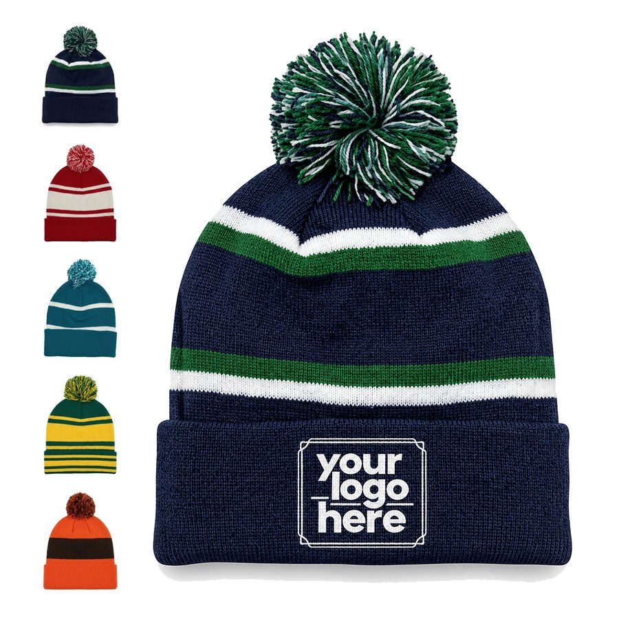 Striped Acrylic Beanie With Fold-Over Cuff And Yarn Pom