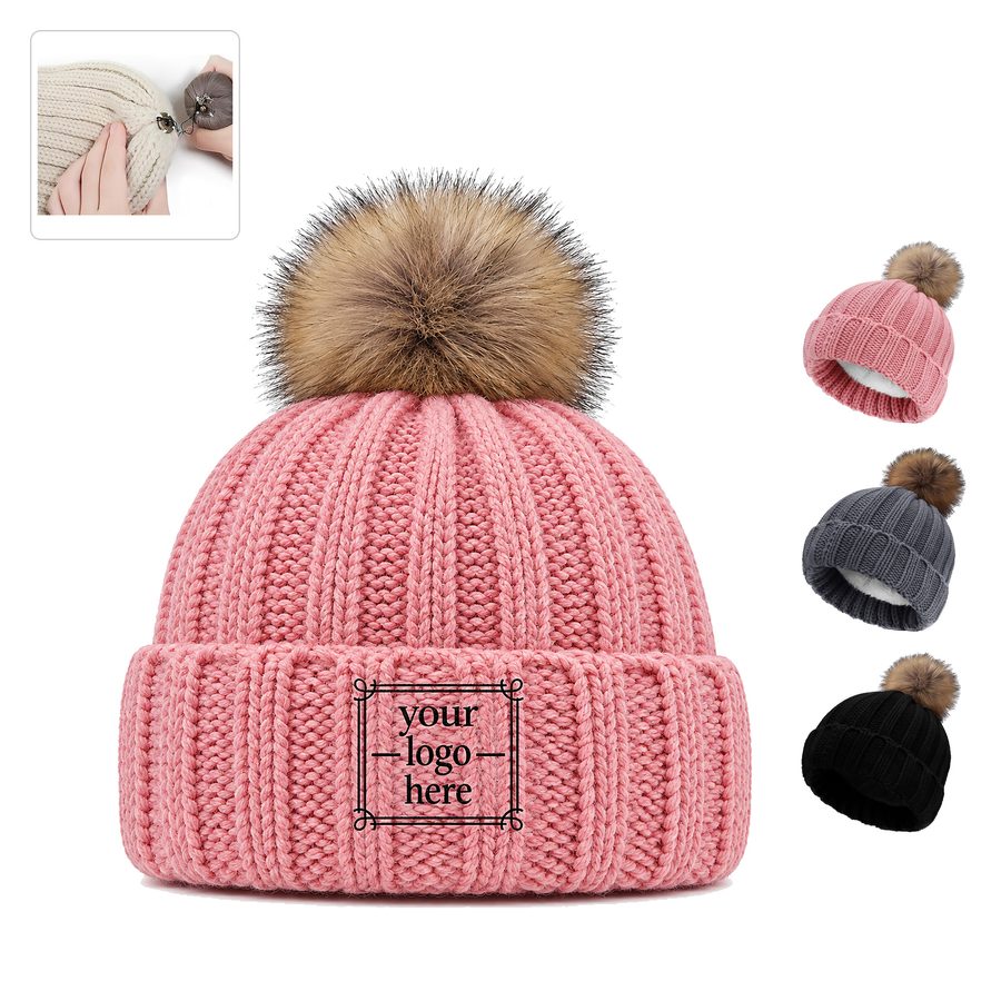 Plush-Lined Rib-Knit Beanie With Detachable Pom