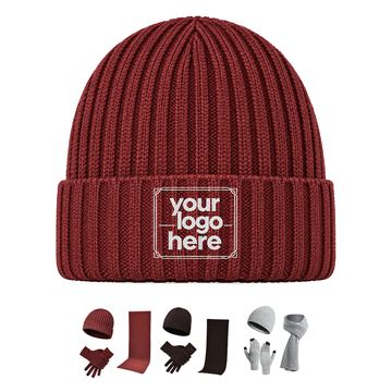 Cuffed Beanie, Scarf And Contrast-Fingertip Glove Set