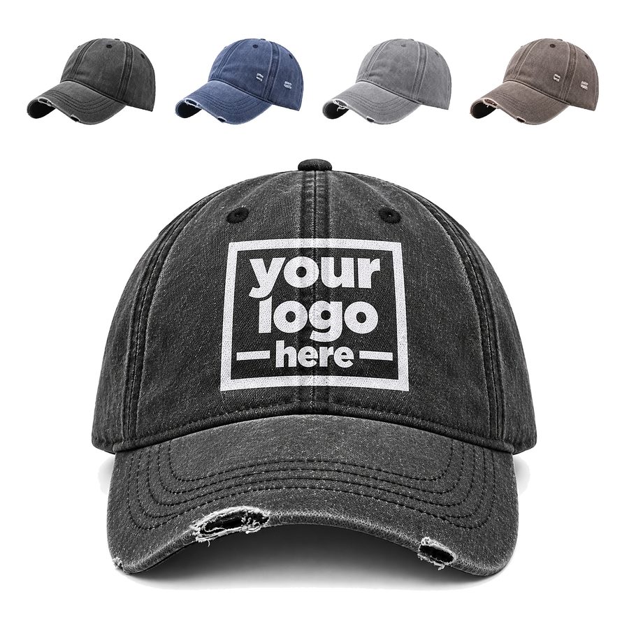 Distressed Denim Baseball Cap With Metal Buckle