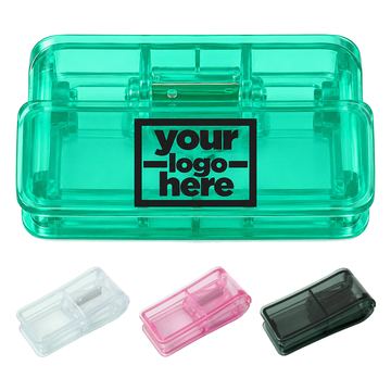 Hinged-Lid Pill Cutter With Storage Area