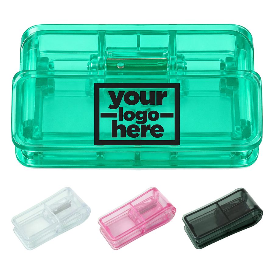 Hinged-Lid Pill Cutter With Storage Area