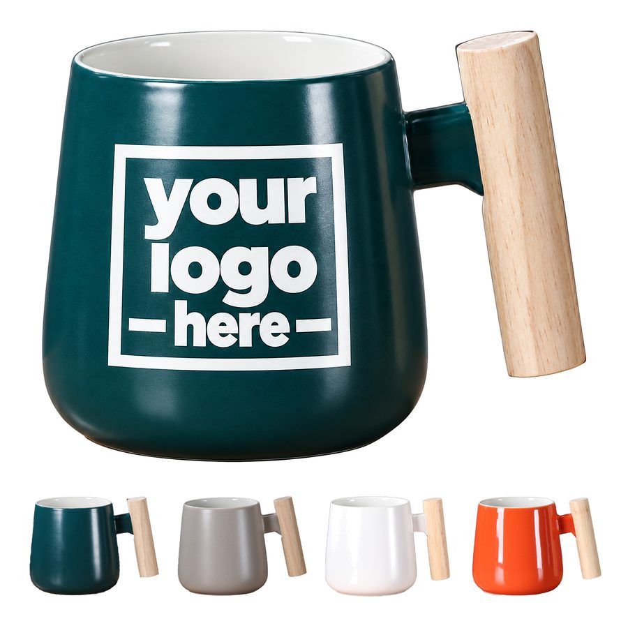 Rounded Ceramic Mug With Vertical Wooden Side Handle