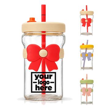 Glass Drinking Tumbler With Silicone Bow And Straw