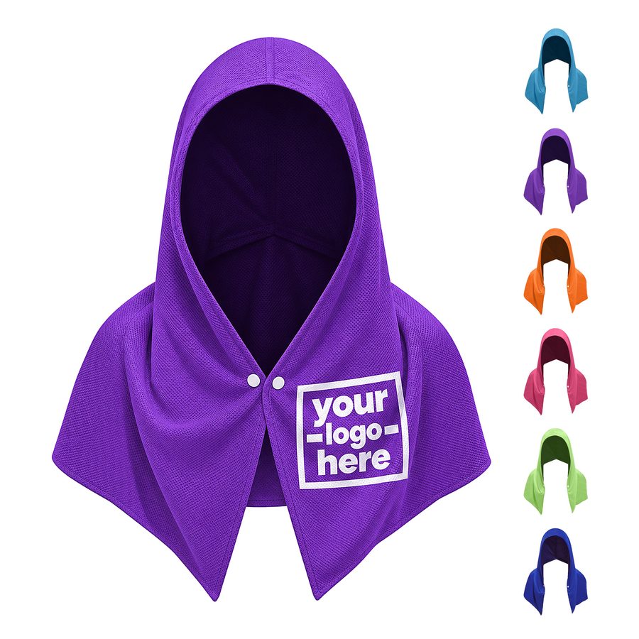 Cooling Towel With A Shaped Hood And Front Snaps