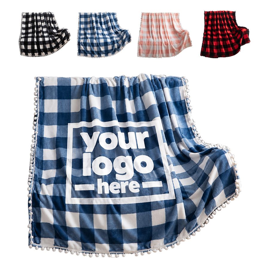 Reversible Plaid Throw With Pom Fringe