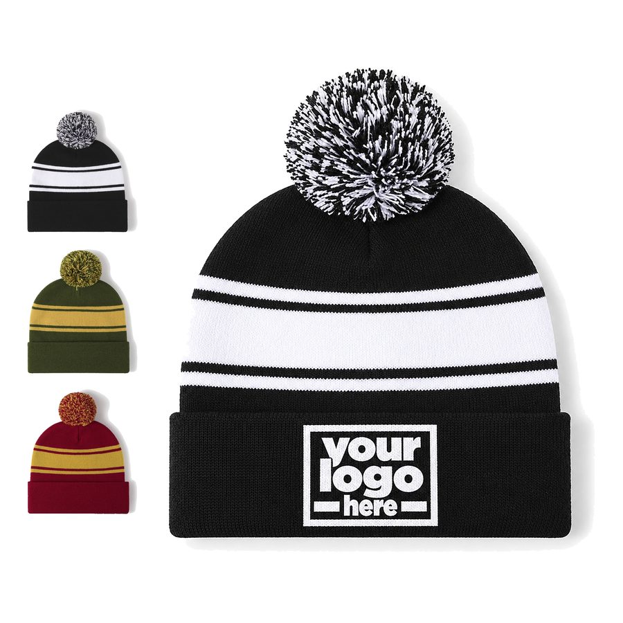 Striped Knit Hat With Fold-Over Cuff And Two-Color Pom