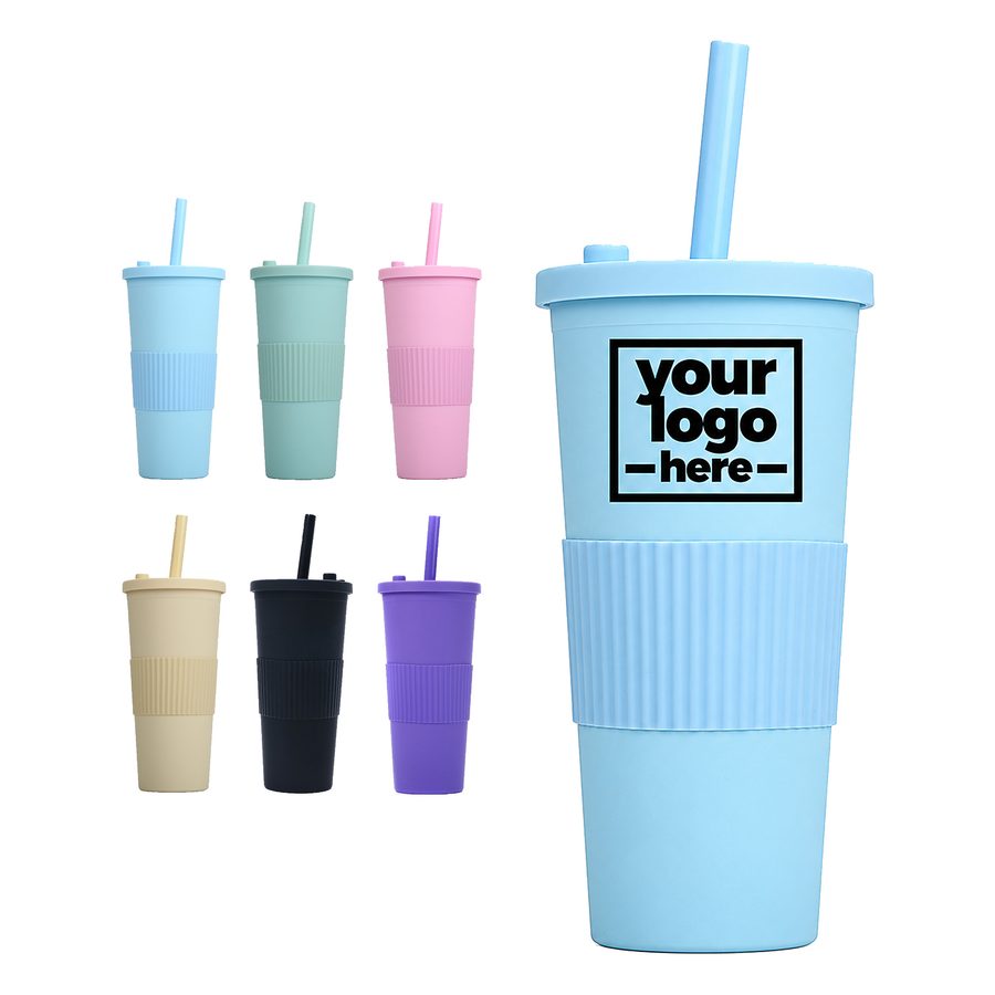 Tapered Plastic Tumbler With Ribbed Sleeve And Straw