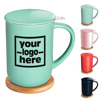 Ceramic Mug With Removable Infuser And Round Wooden Coaster