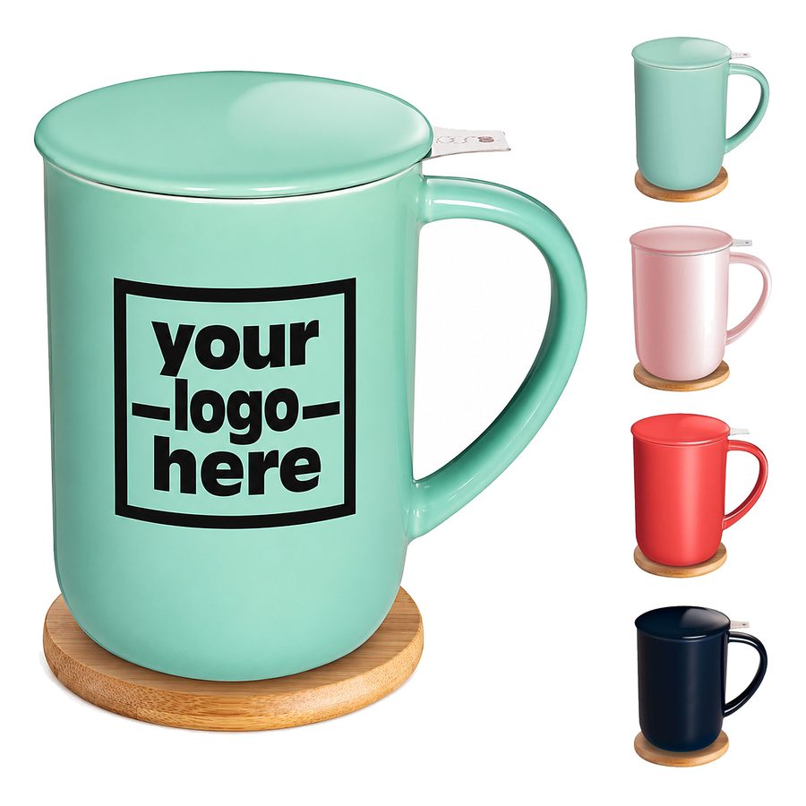 Ceramic Mug With Removable Infuser And Round Wooden Coaster