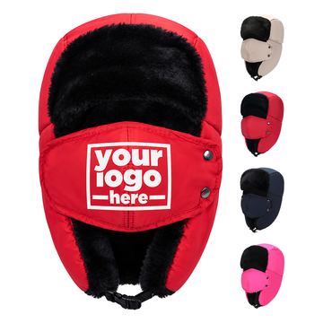 Polyester Trapper Hat With Plush Interior And Detachable Face Cover