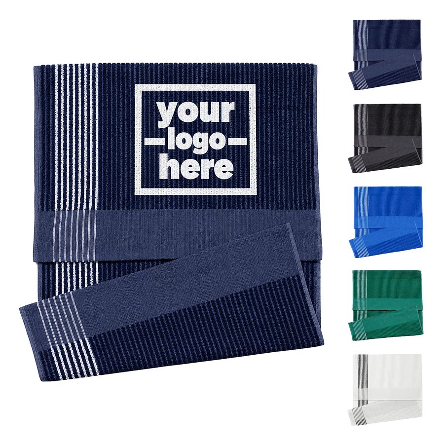 Striped Cotton Golf Towel With Ribbed Texture And Flat Border